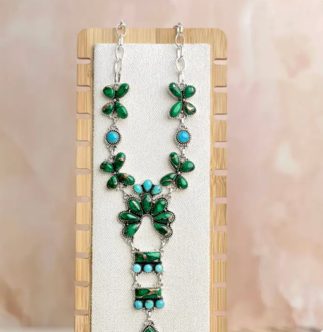 Irish Green Dahlia & Kingman Turquoise Statement Necklace