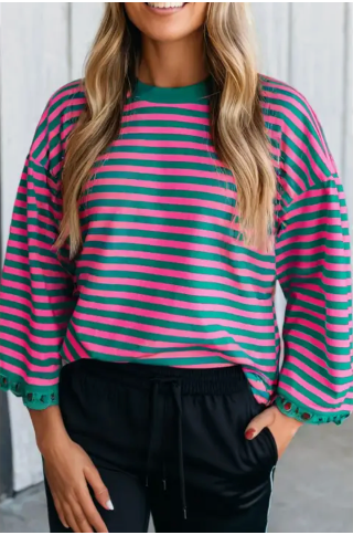 Las Striped Printed Drop Shoulder Trim Top