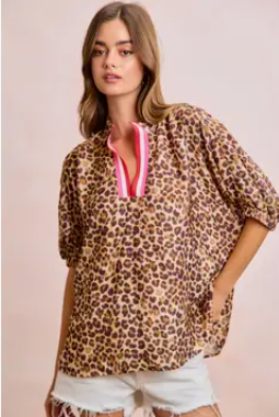 Leopard Contrast Dolman Blouse