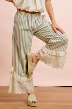 Stripe Woven Ruffled Lace Hem Pants
