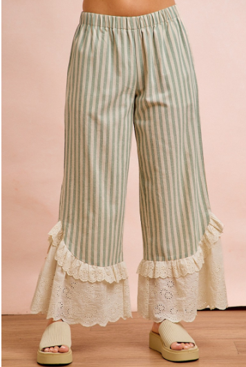 Stripe Woven Ruffled Lace Hem Pants