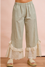 Stripe Woven Ruffled Lace Hem Pants