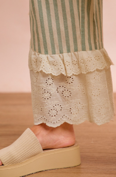 Stripe Woven Ruffled Lace Hem Pants
