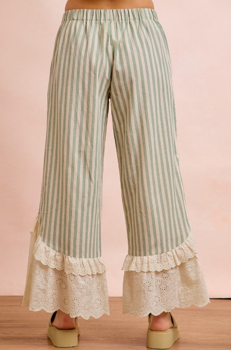 Stripe Woven Ruffled Lace Hem Pants