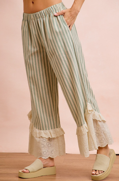 Stripe Woven Ruffled Lace Hem Pants