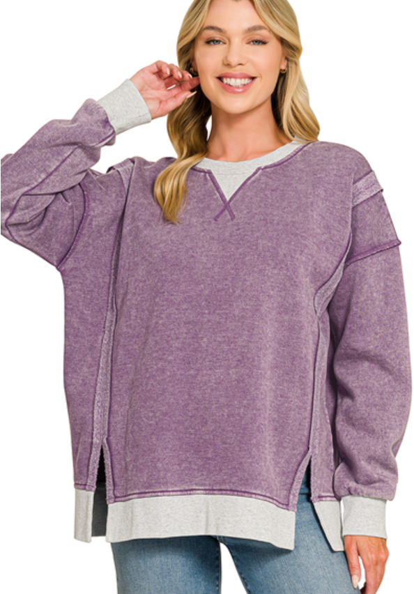 Fleece Acid Washed Contrast Trim Pullover