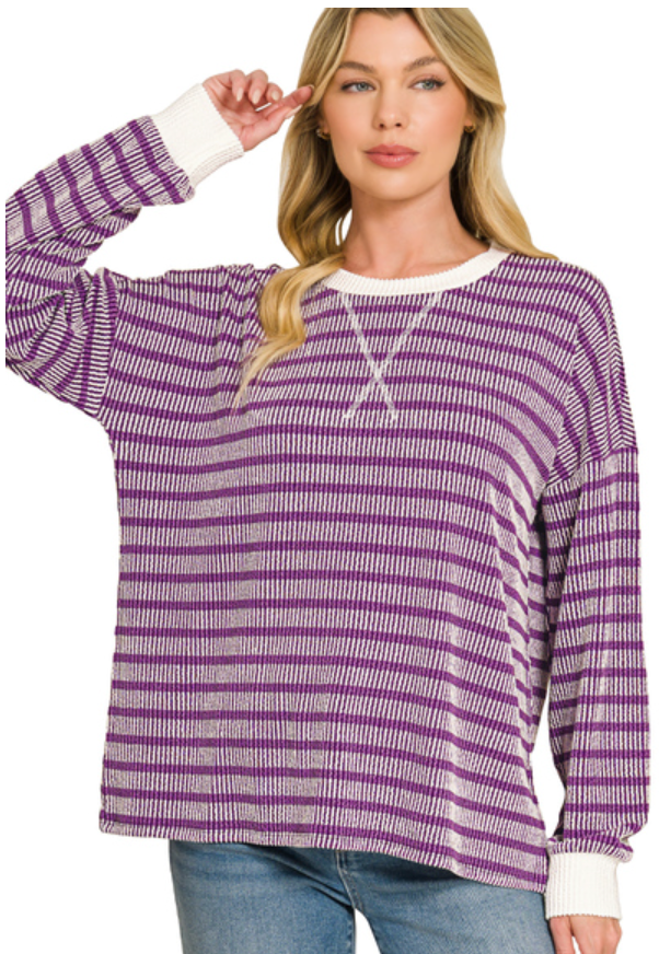 Raised Rib Striped Round Neck Pullover