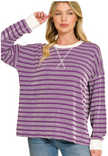 Raised Rib Striped Round Neck Pullover