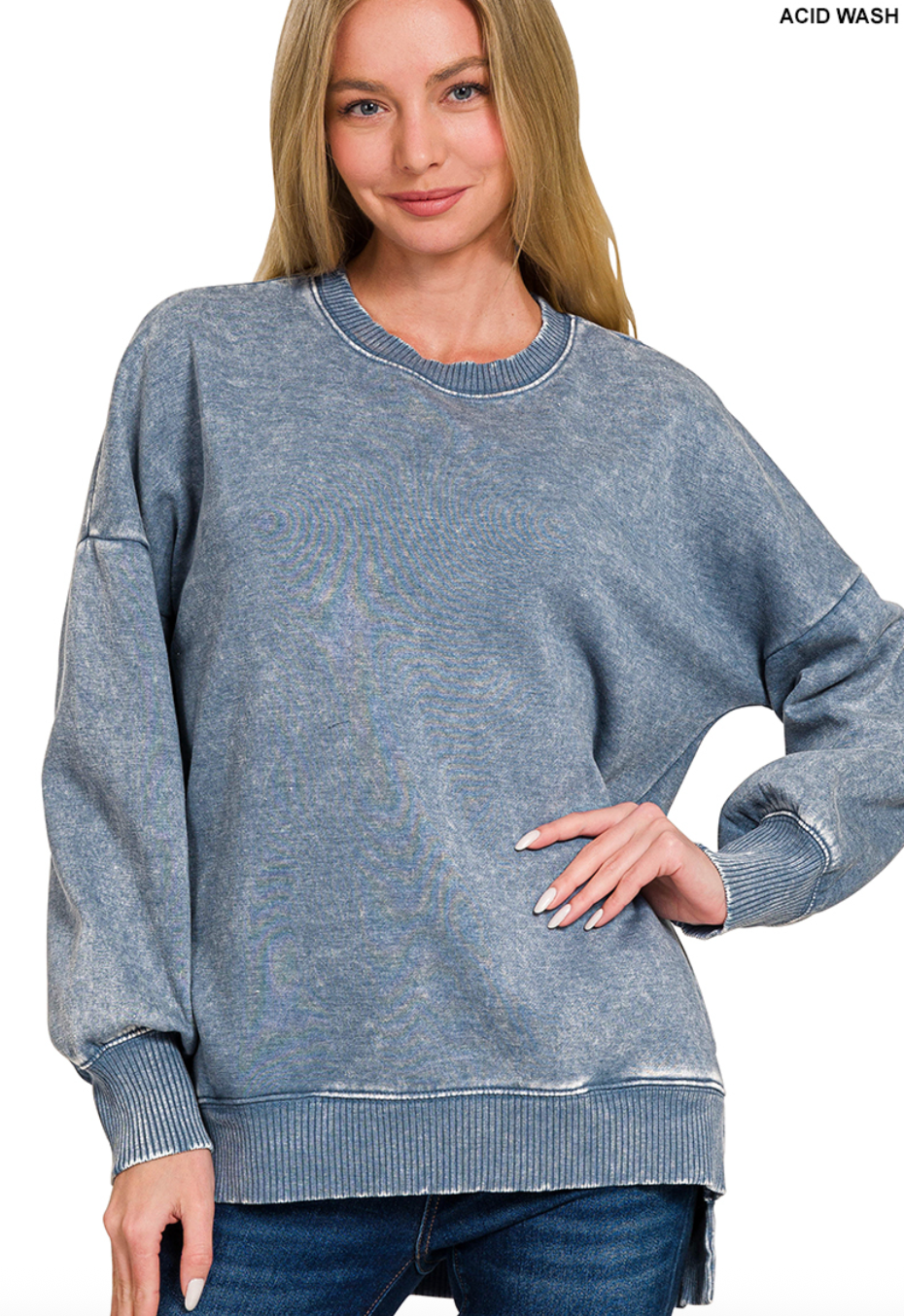 Acid wash fleece hi-low hem pullover