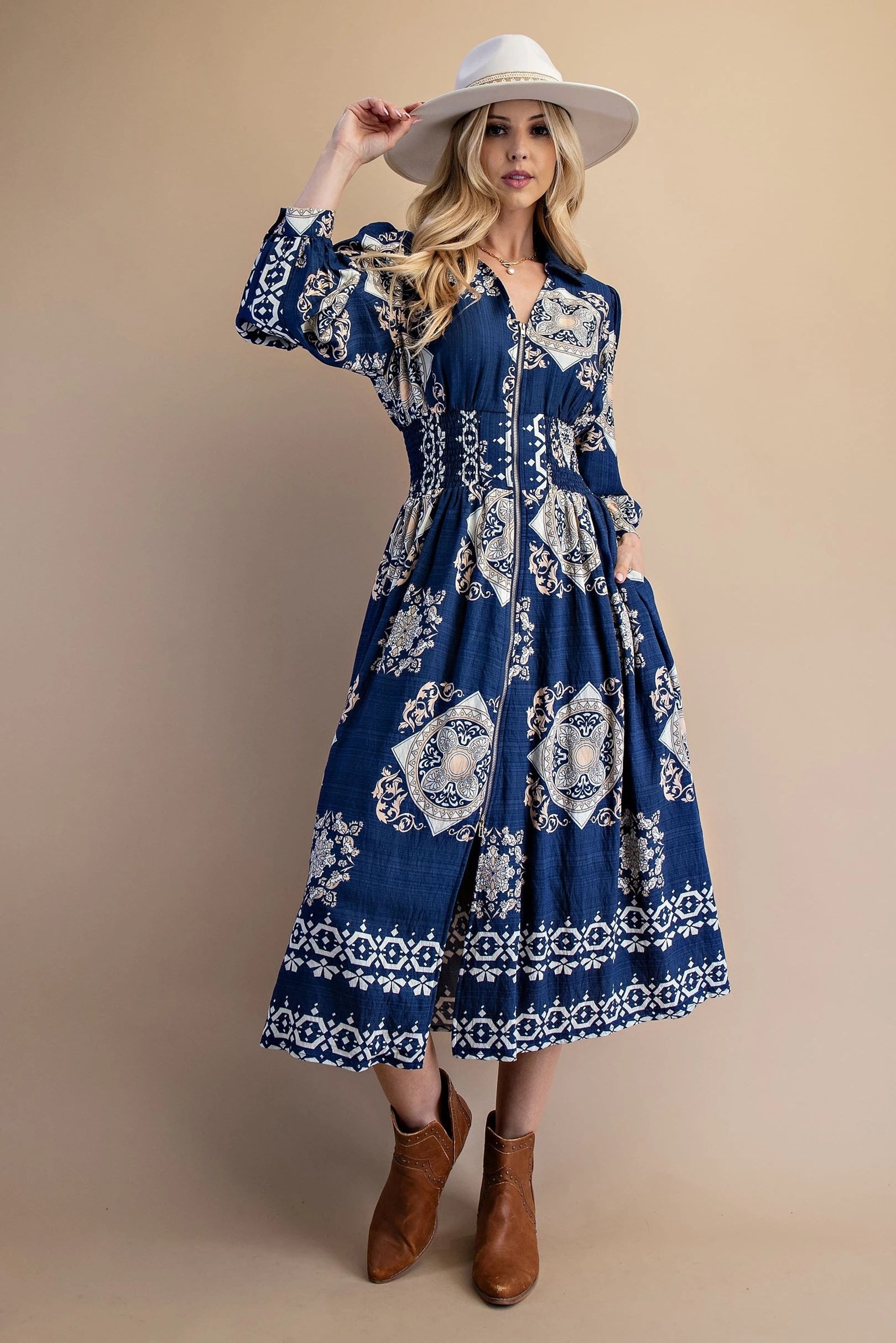 Tile Print Long Sleeve Midi Dress