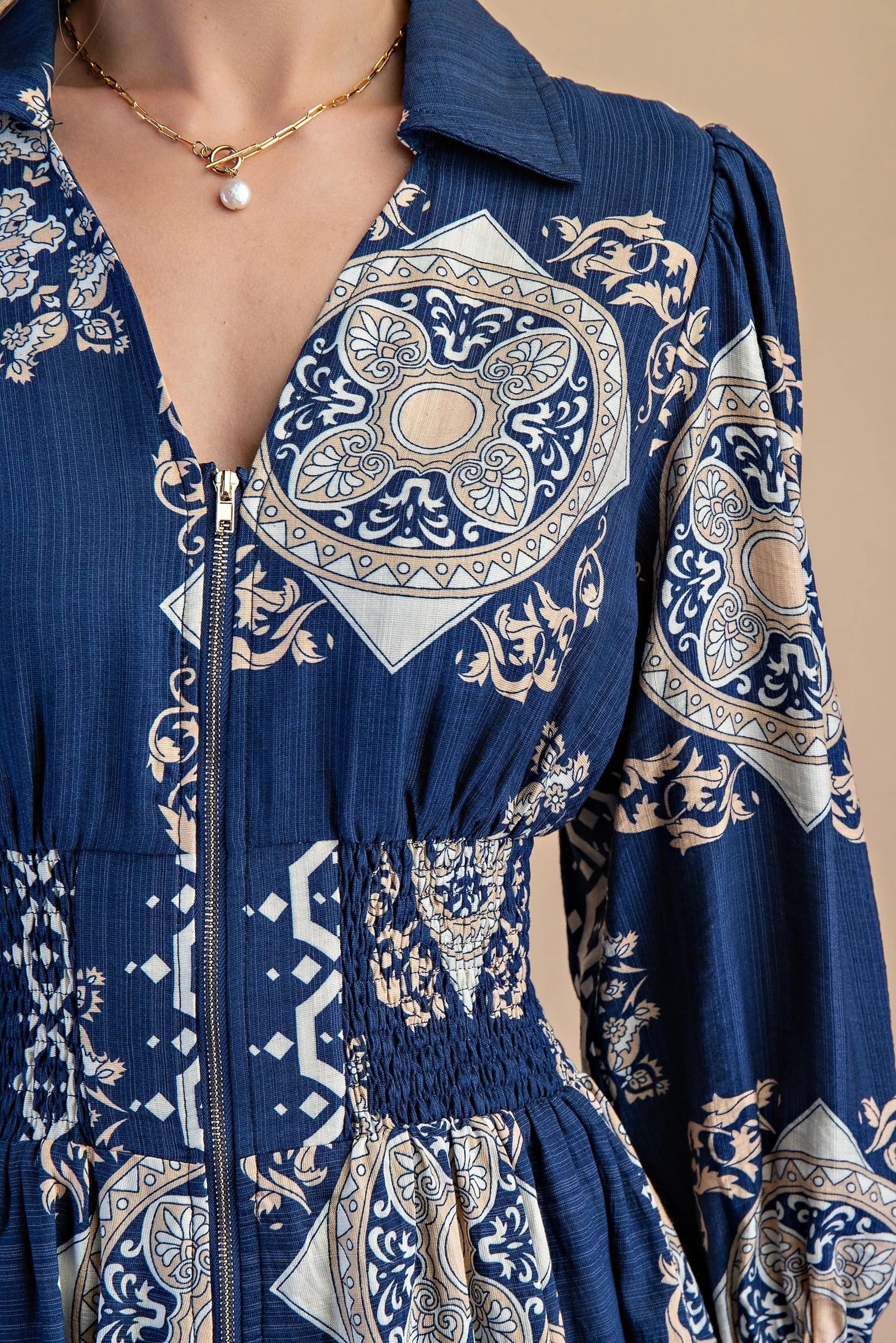 Tile Print Long Sleeve Midi Dress