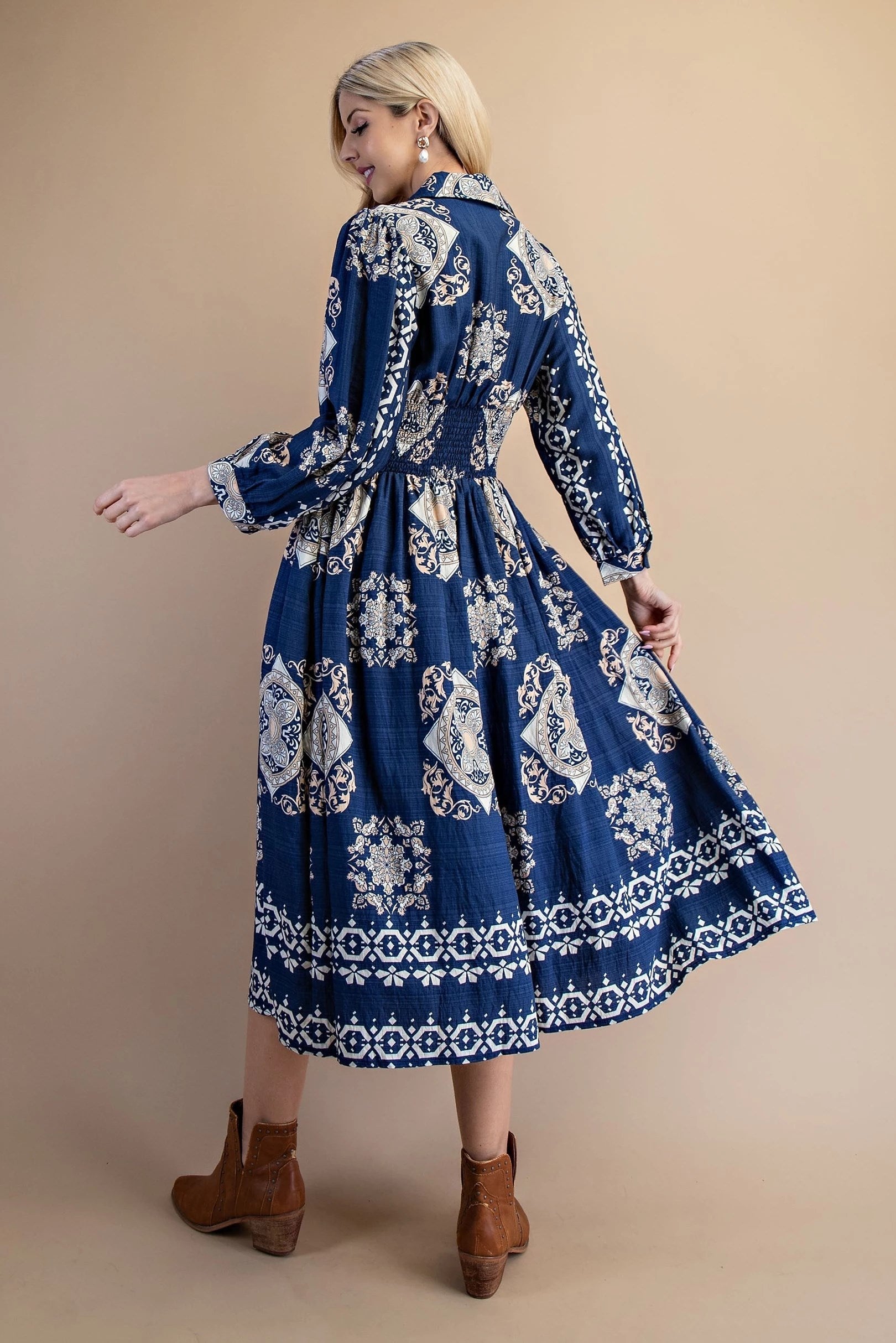 Tile Print Long Sleeve Midi Dress