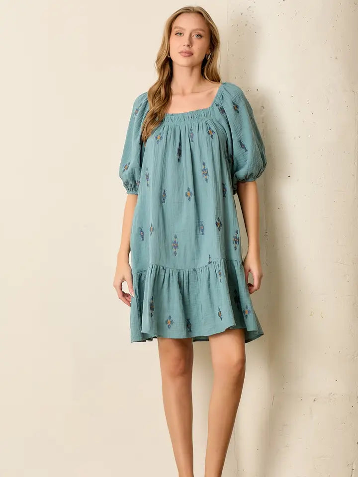Printed Floral Square Neck Short Sleeve Mini Dress