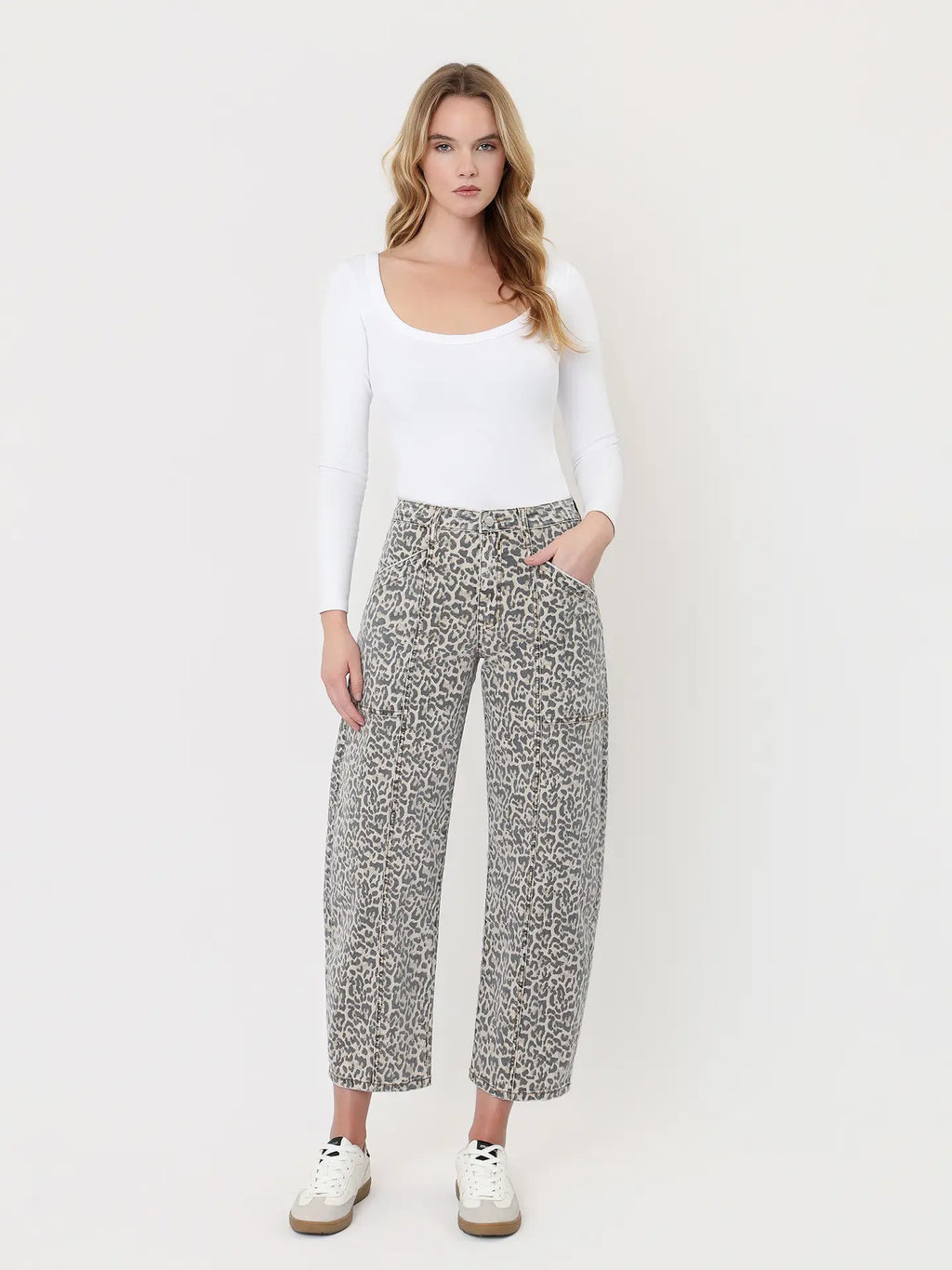 High Rise Leopard Print Utility Barrel Jeans