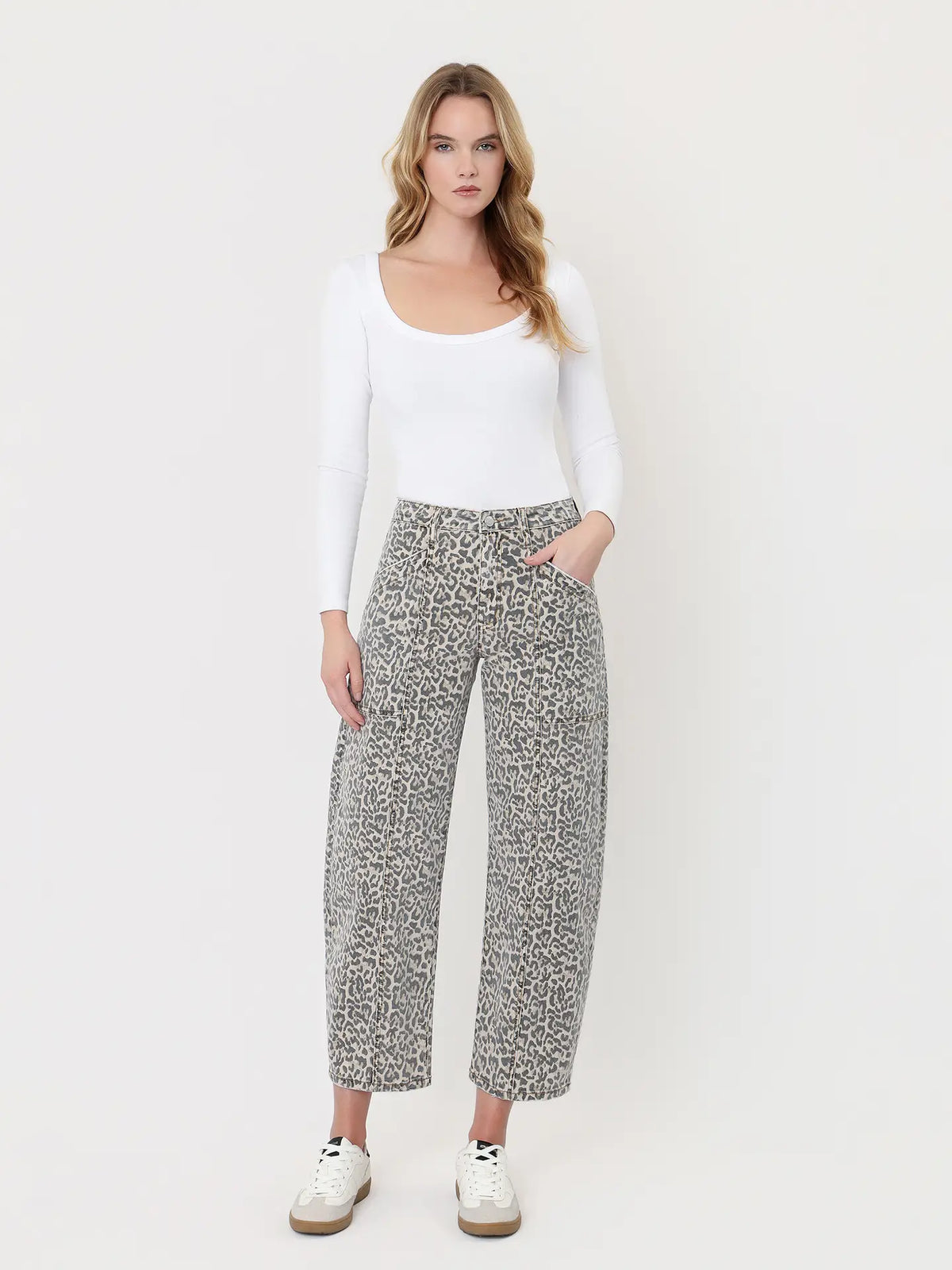 High Rise Leopard Print Utility Barrel Jeans
