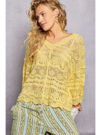 Open Knit V-Neck Oversized Short Sleeve Sweater Top