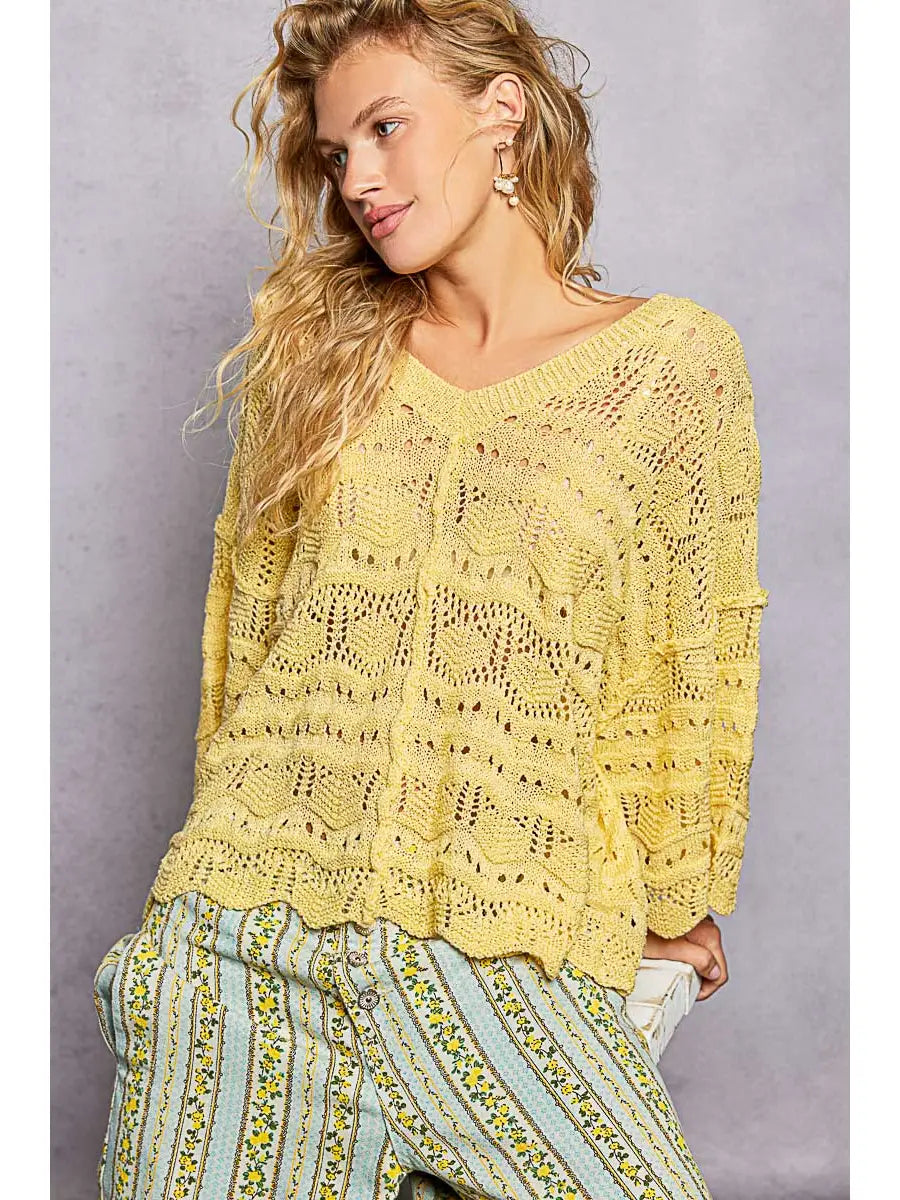 Open Knit V-Neck Oversized Short Sleeve Sweater Top
