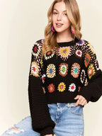 Long Puff Sleeves Crochet Crop Top