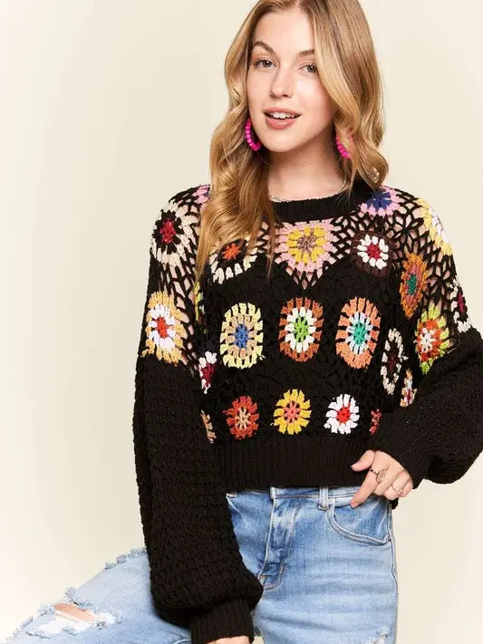 Long Puff Sleeves Crochet Crop Top