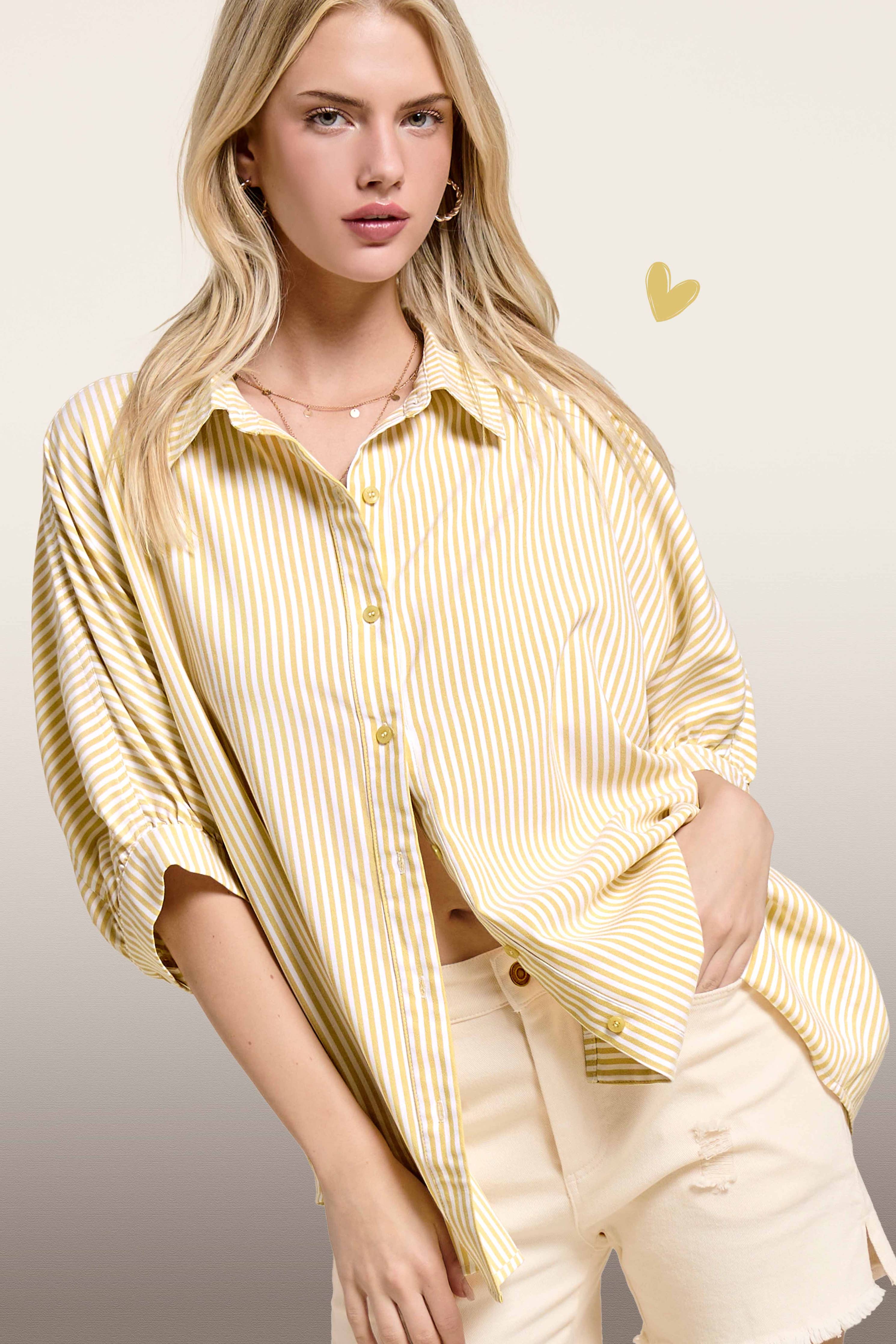 Relaxed Striped Button-Down 3/4 Sleeve Shirt