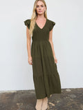 Flutter Sleeve V Neck Smocked Midi Dress