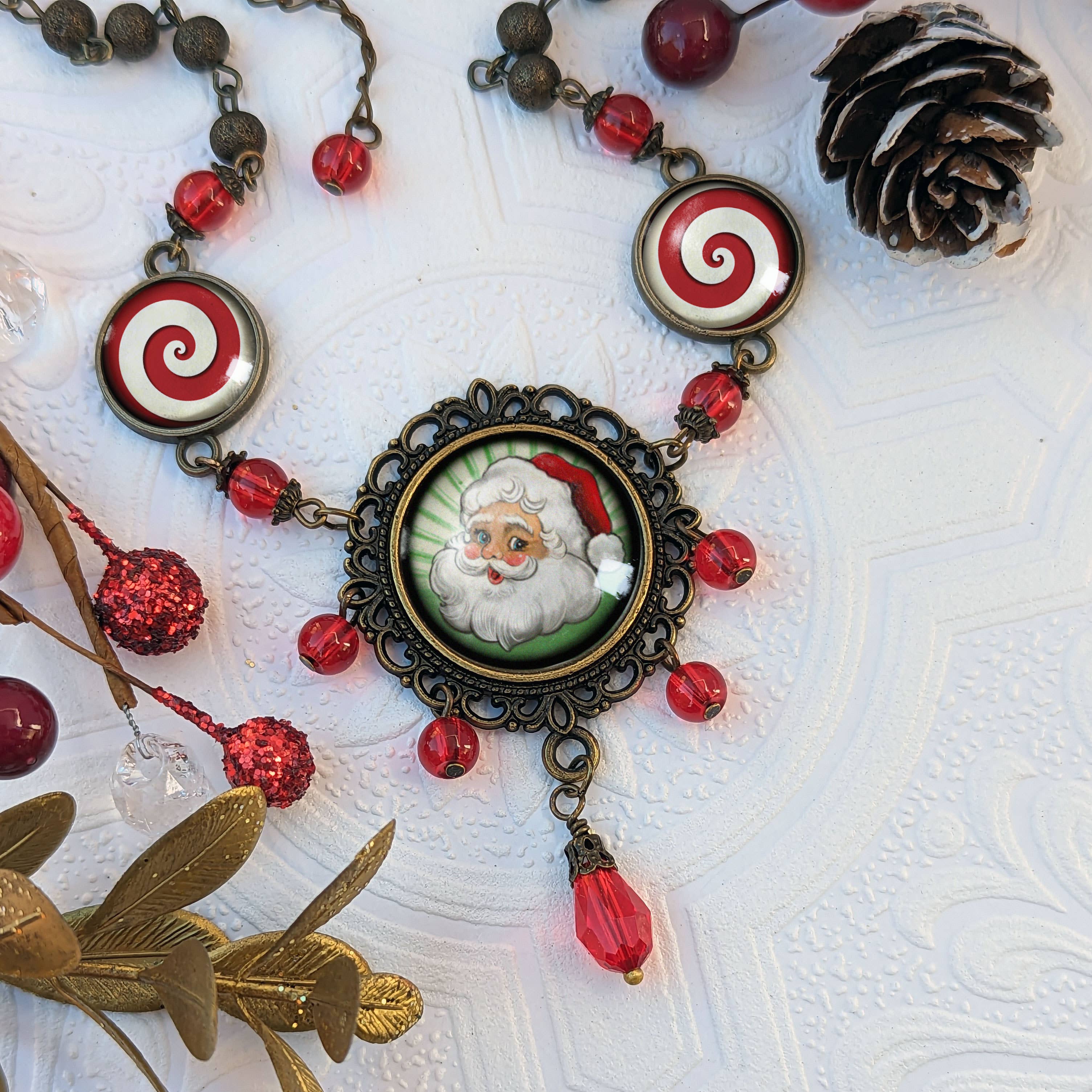 Retro Santa Green Necklace with Red Beads