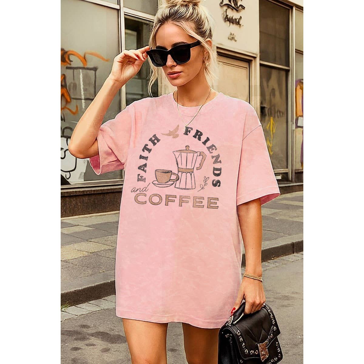 FAITH FRIENDS AND COFFEE Oversized Graphic Tee