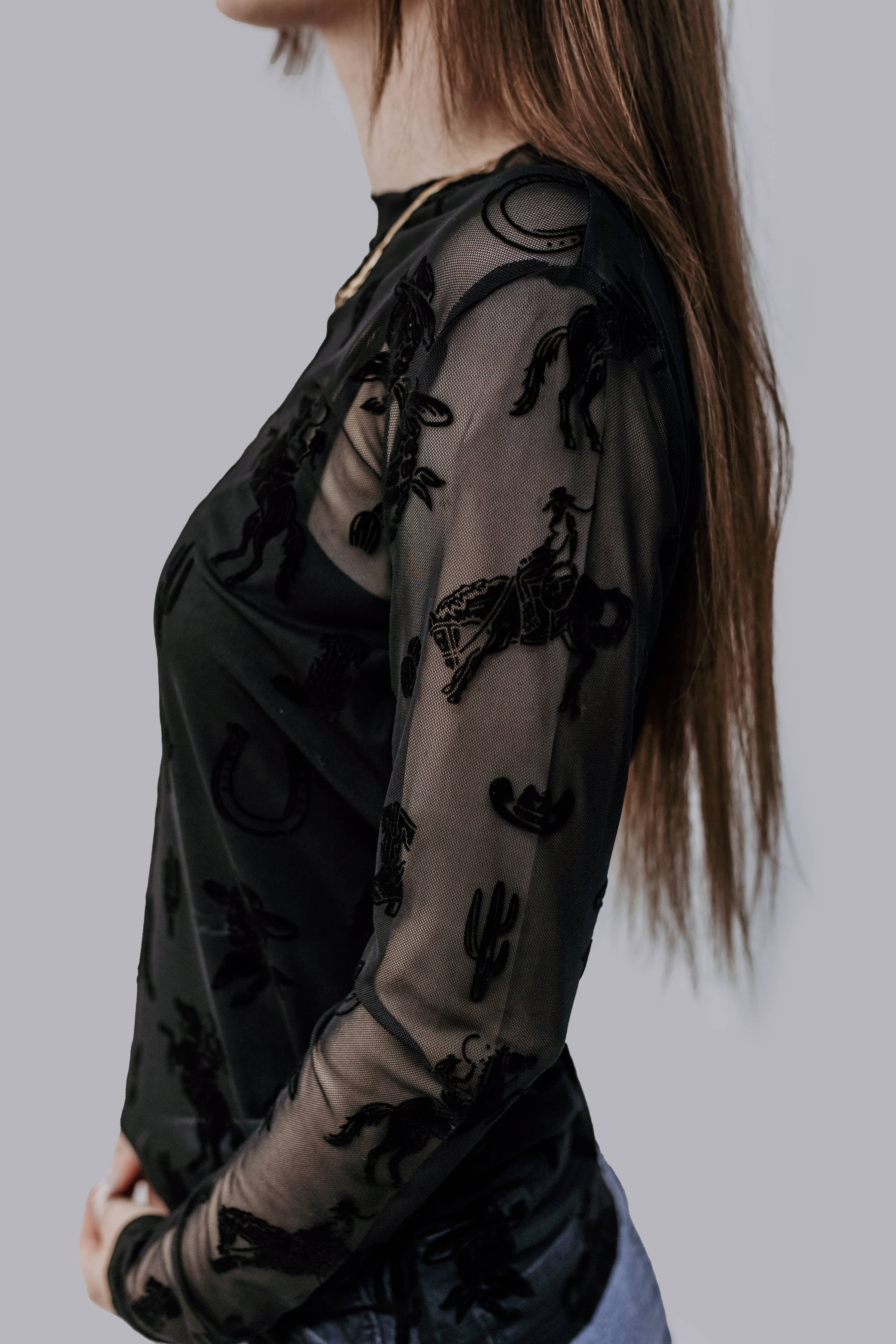 Lets Rodeo Velvet Mesh Top