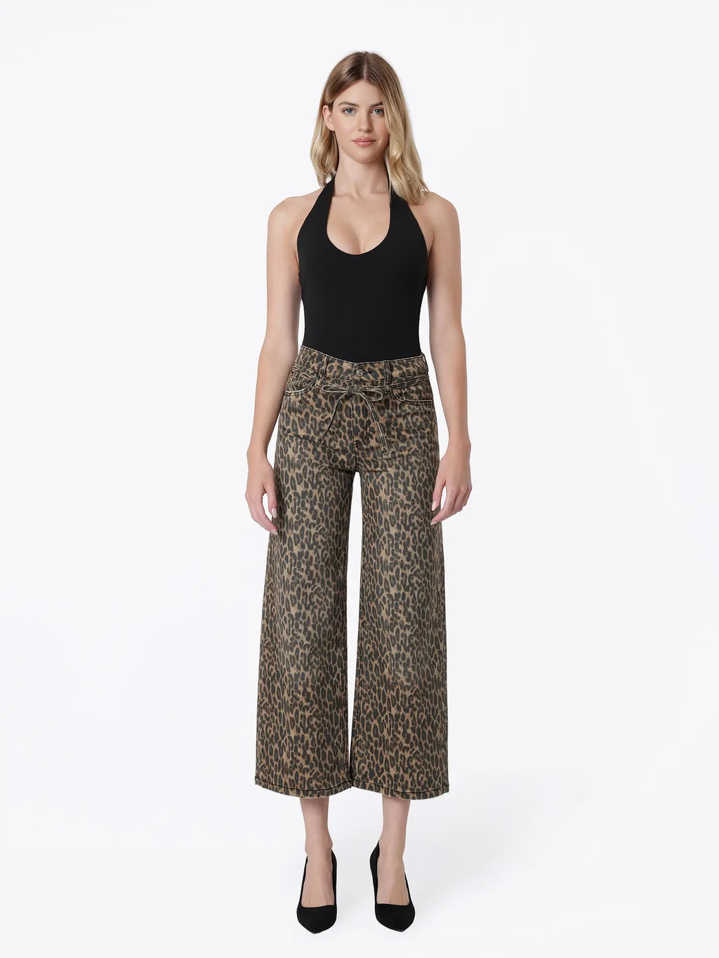 High Rise Leopard Print Waist Tie Crop Wide Jeans