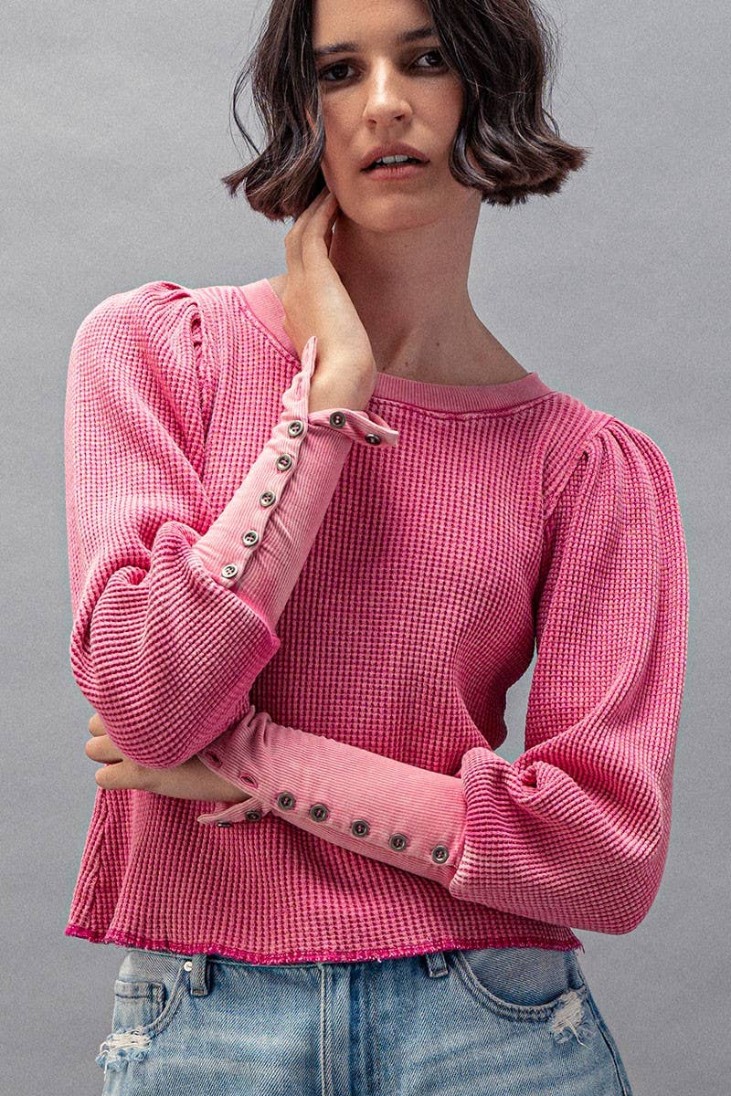 Waffle Knit Long Sleeve Crewneck Top