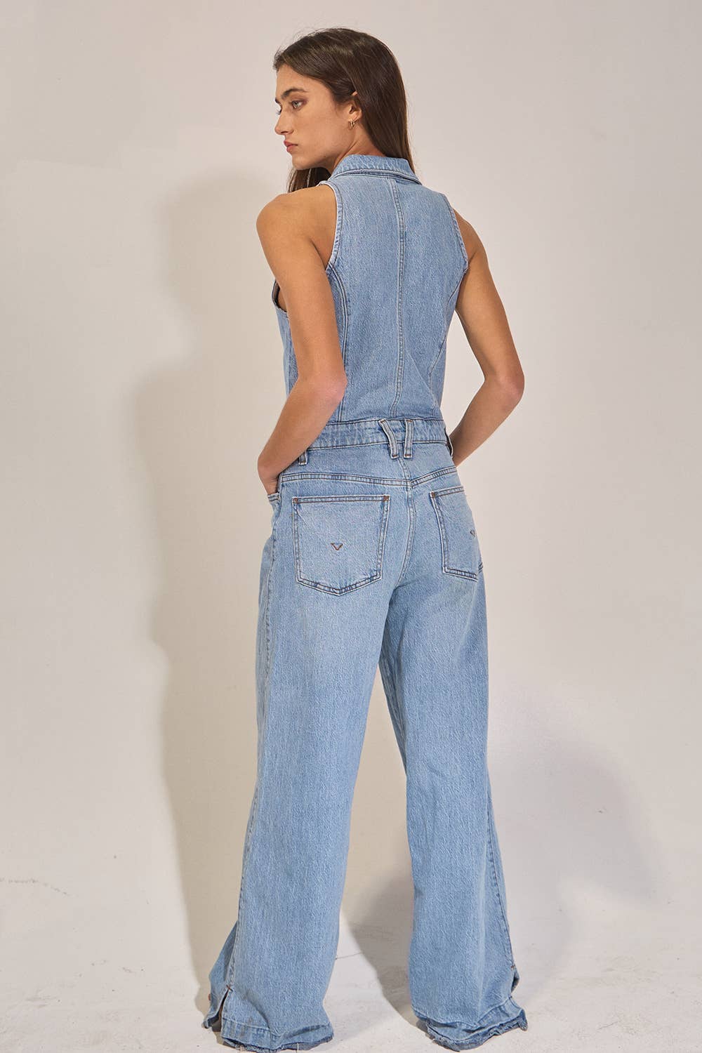 Collared Wide Leg Denim Jumpsuit