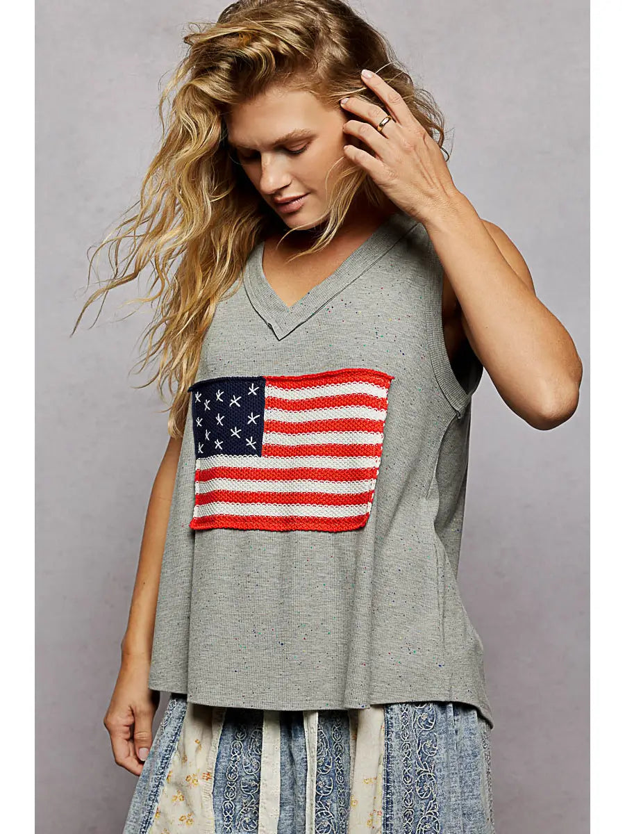 Handmade American Flag Patch Rib V-Neck Sleeveless Top