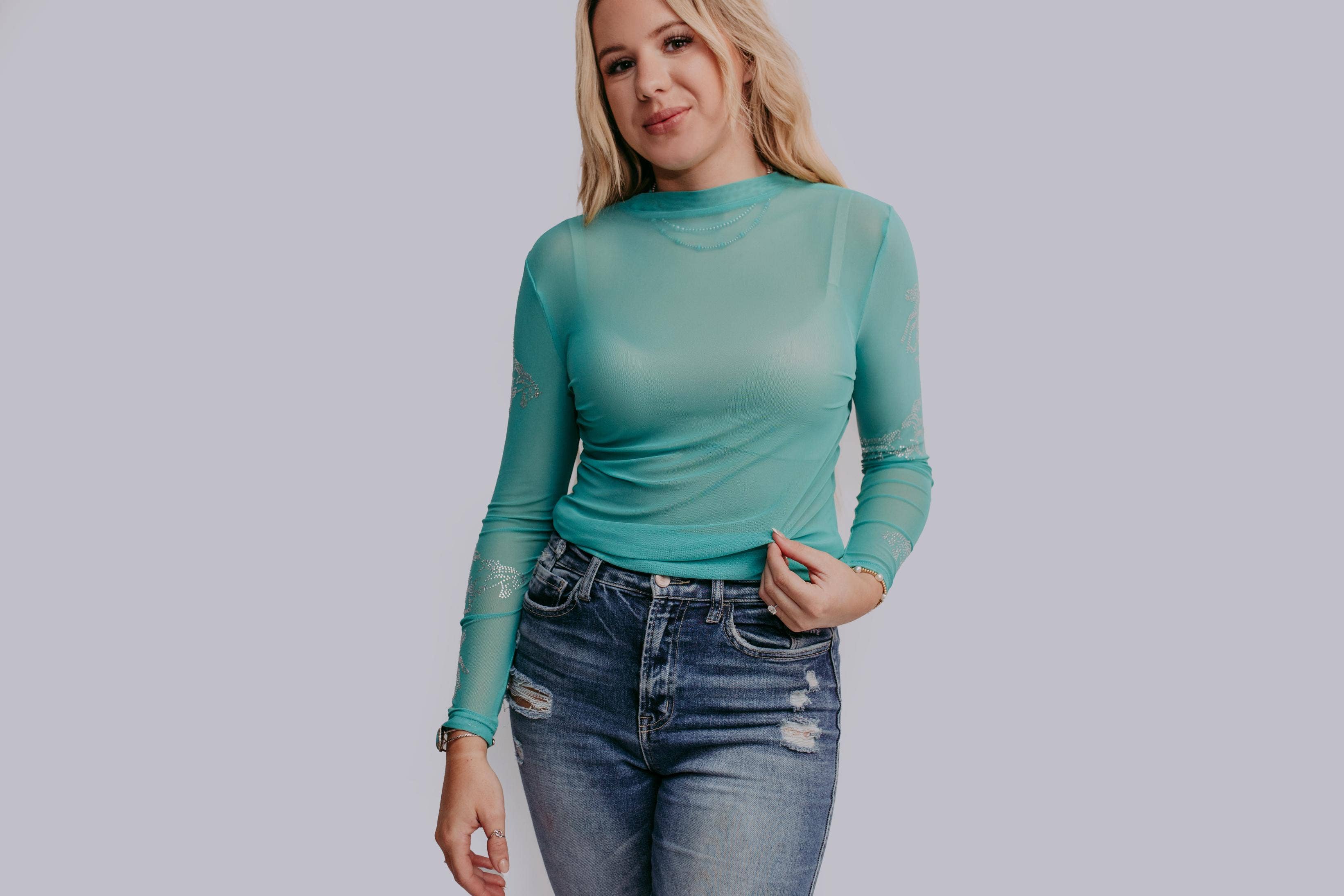 Rhinestone Embellished Mesh LS Top