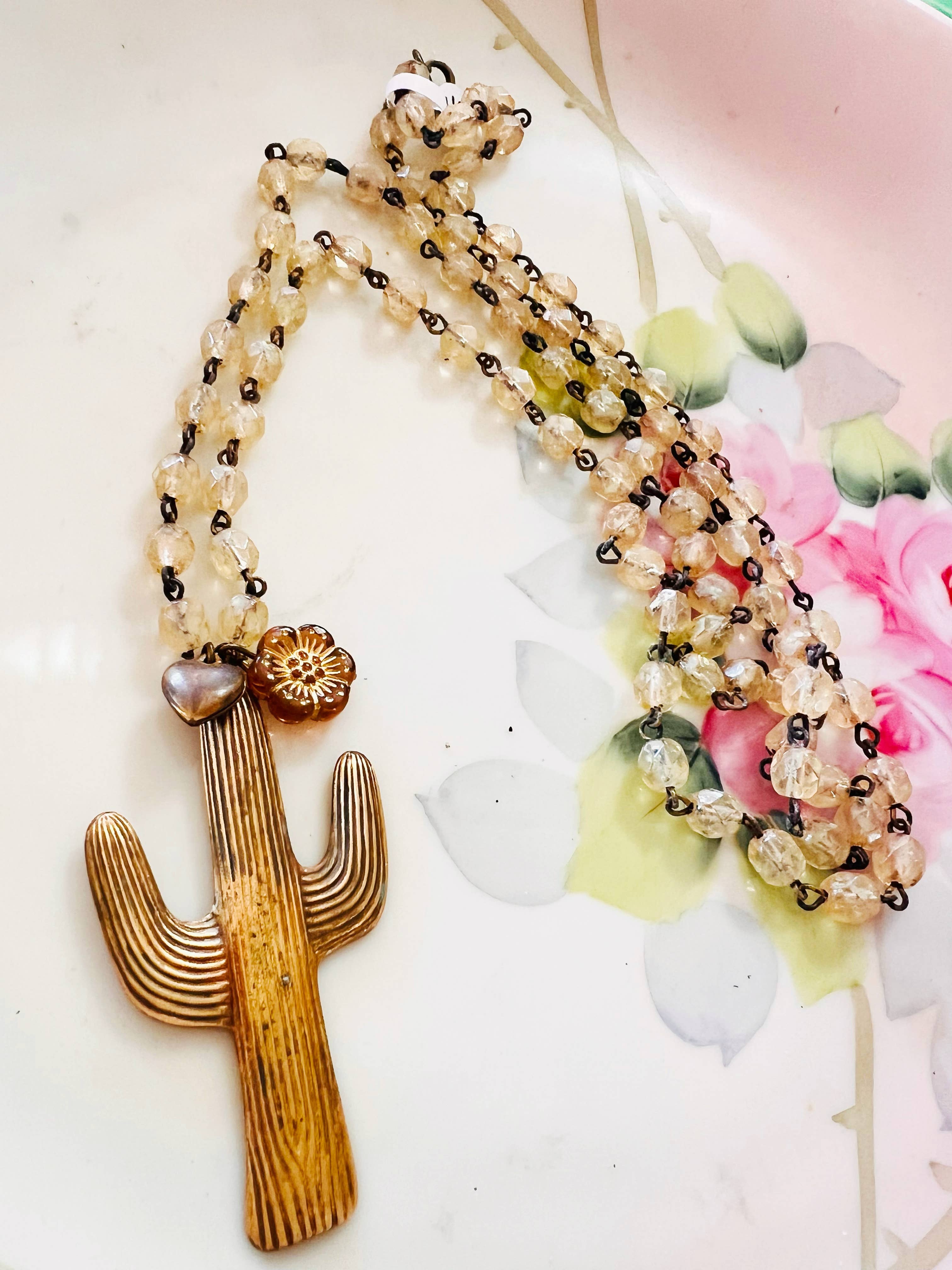 Brass Patina Desert Cactus Western Beaded Chain Necklace