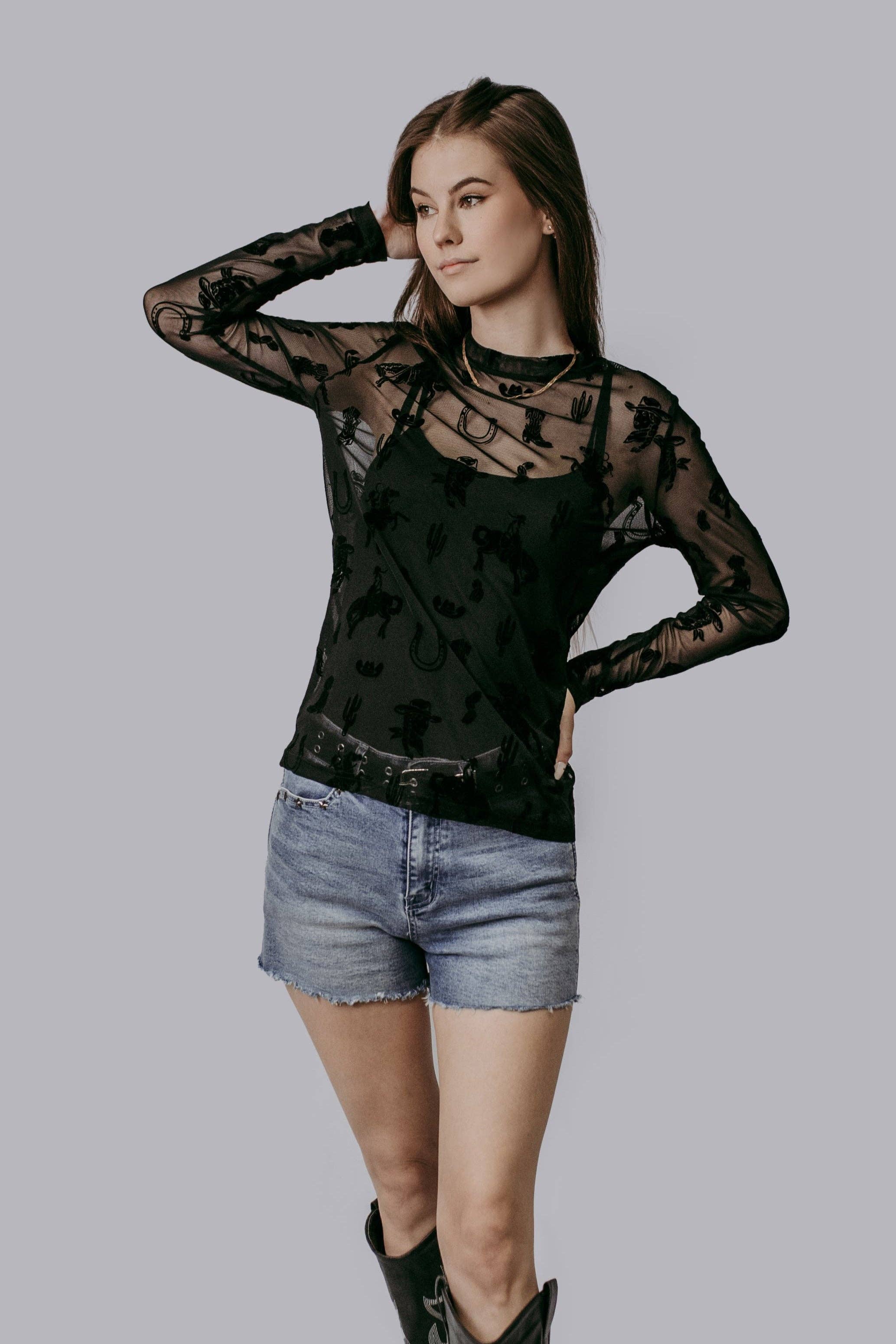 Lets Rodeo Velvet Mesh Top
