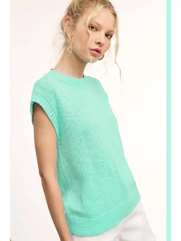 Loose Fit Sleeveless Ribbed Knit Crew Neck Top
