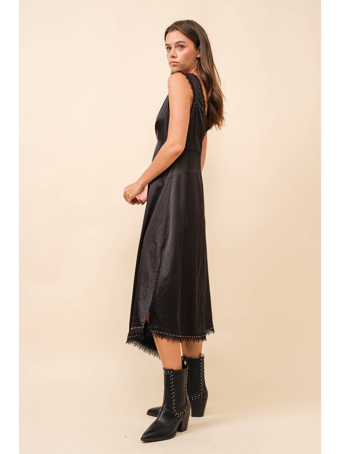 Asymmetrical Satin Studded Midi Dress