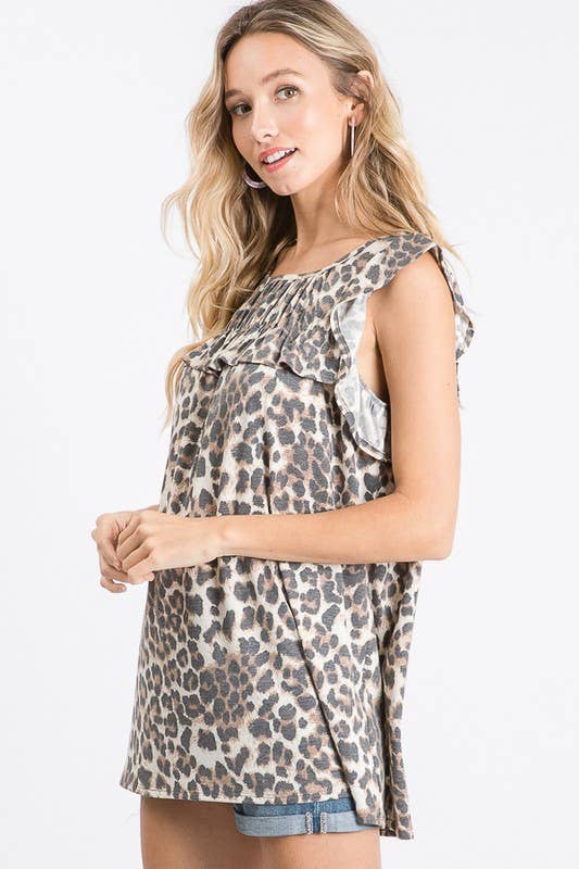 SLEEVELESS ROUND NECK LEOPARD PRINT TOP