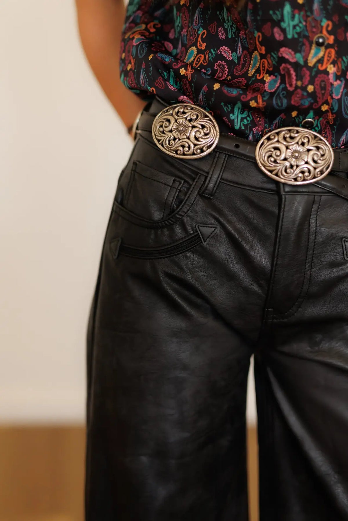 Black Leather Smiley Wide Leg