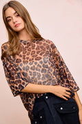 Leopard Print Short Sleeves Boxy Mesh Top