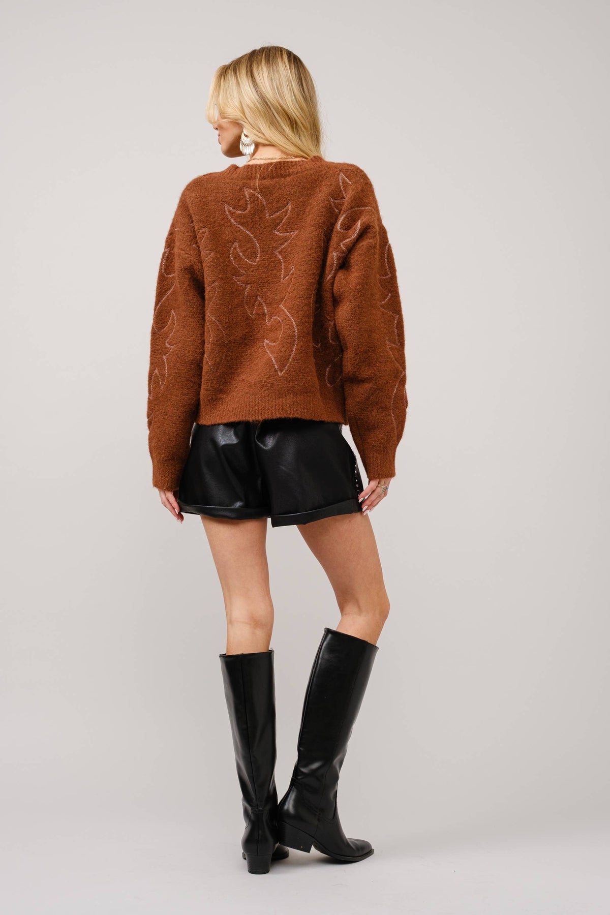 Western Boots Stitch Pattern Crew Neck Sweater