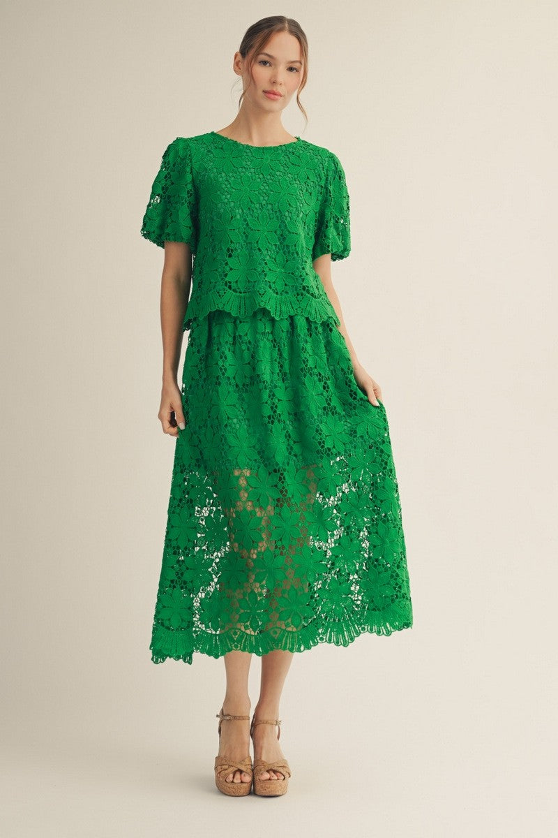 Elastic Waist Scallop Lace Midi Skirt