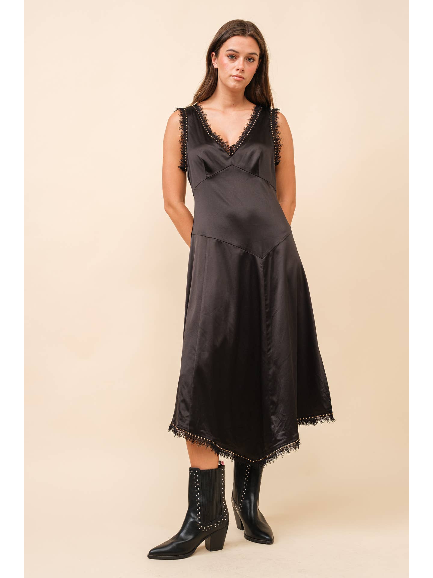 Asymmetrical Satin Studded Midi Dress