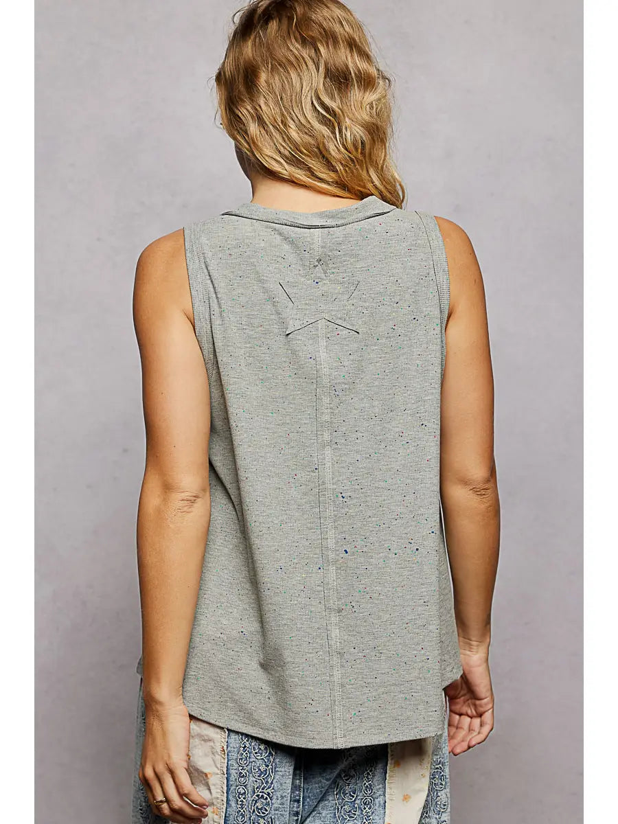 Handmade American Flag Patch Rib V-Neck Sleeveless Top