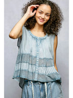 Round Neck Sleeveless Contrast Crochet Woven Blouse Top