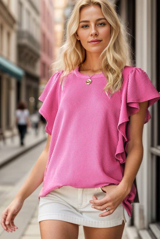 SHORT RUFFLED SLEEVE SOLID URBAN RIBBED TOP