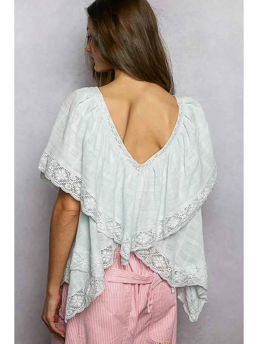 Lace Trim V Ruffle Detail Textured Woven Short Sleeve Top