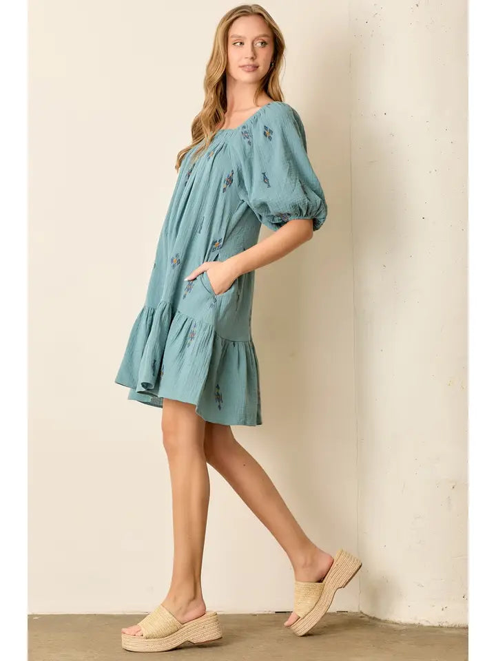 Printed Floral Square Neck Short Sleeve Mini Dress