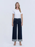 High Rise Trouser Fold Cuffed Wide Leg Jeans