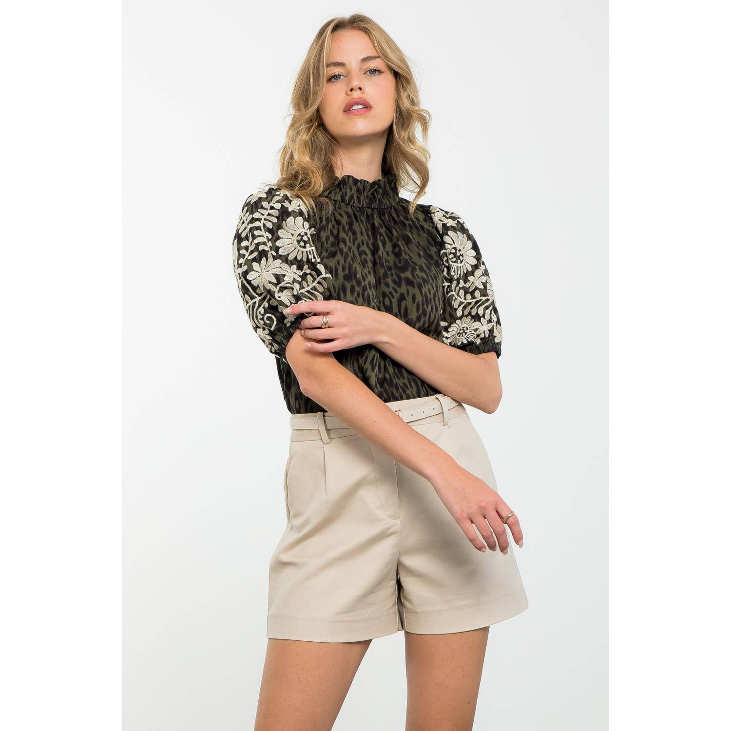 Embroidered Puff Sleeve Leopard Print Top